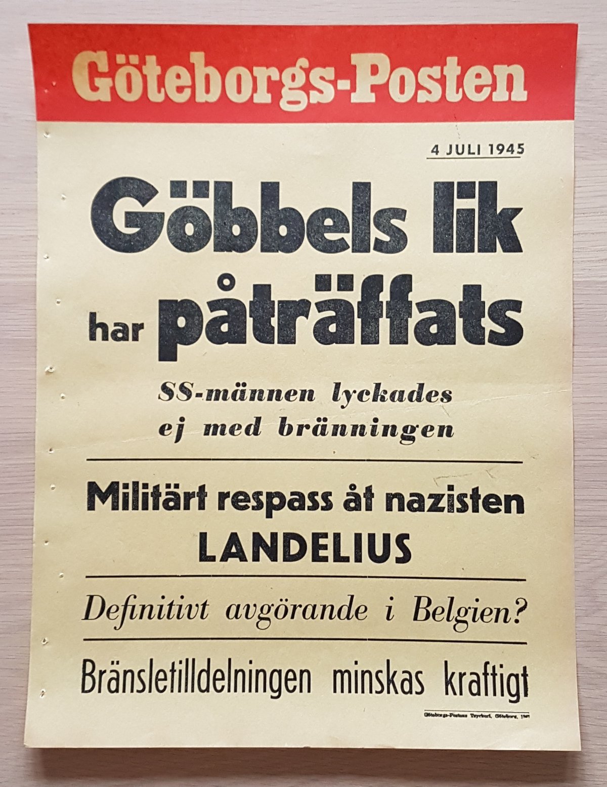 WWII Newspaper Poster - Göteborgs-Posten July 4, 1945 - Sweden ...